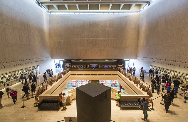 The Great Hall at the LBJ Presidential Library with obelisk